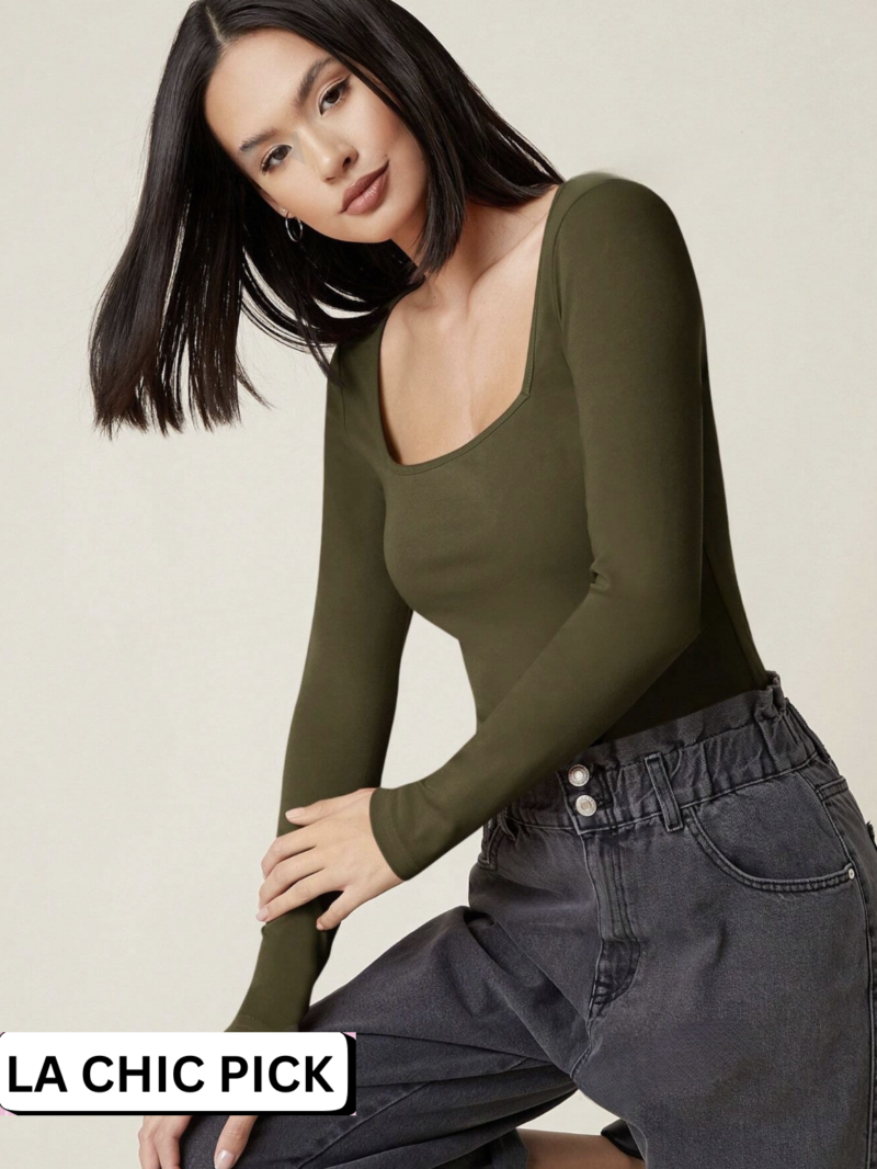 Elly Olive Square Neck Long Sleeves Bodysuit - Image 2